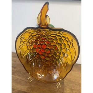 Vintage Indiana Glass Amber Grape Shaped Bowl‎ Large Pressed Glass Fruit MCM